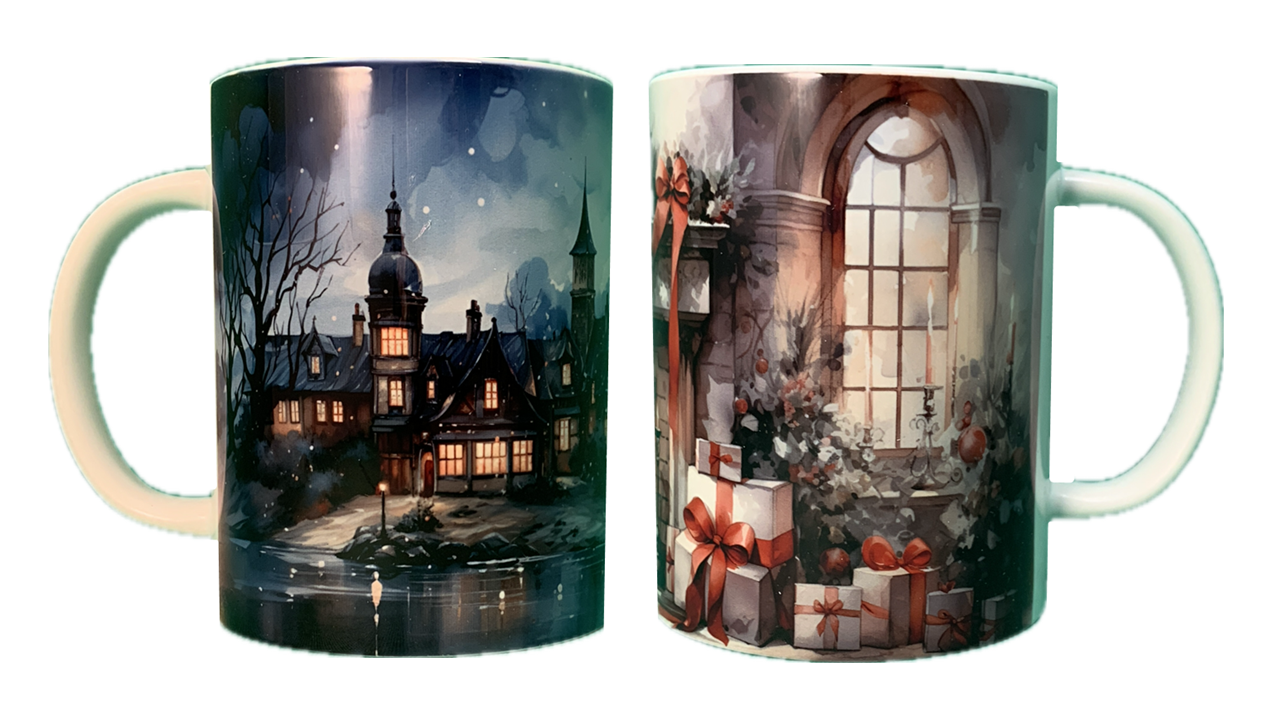 Christmas House & Presents Mugs (2 Mugs)