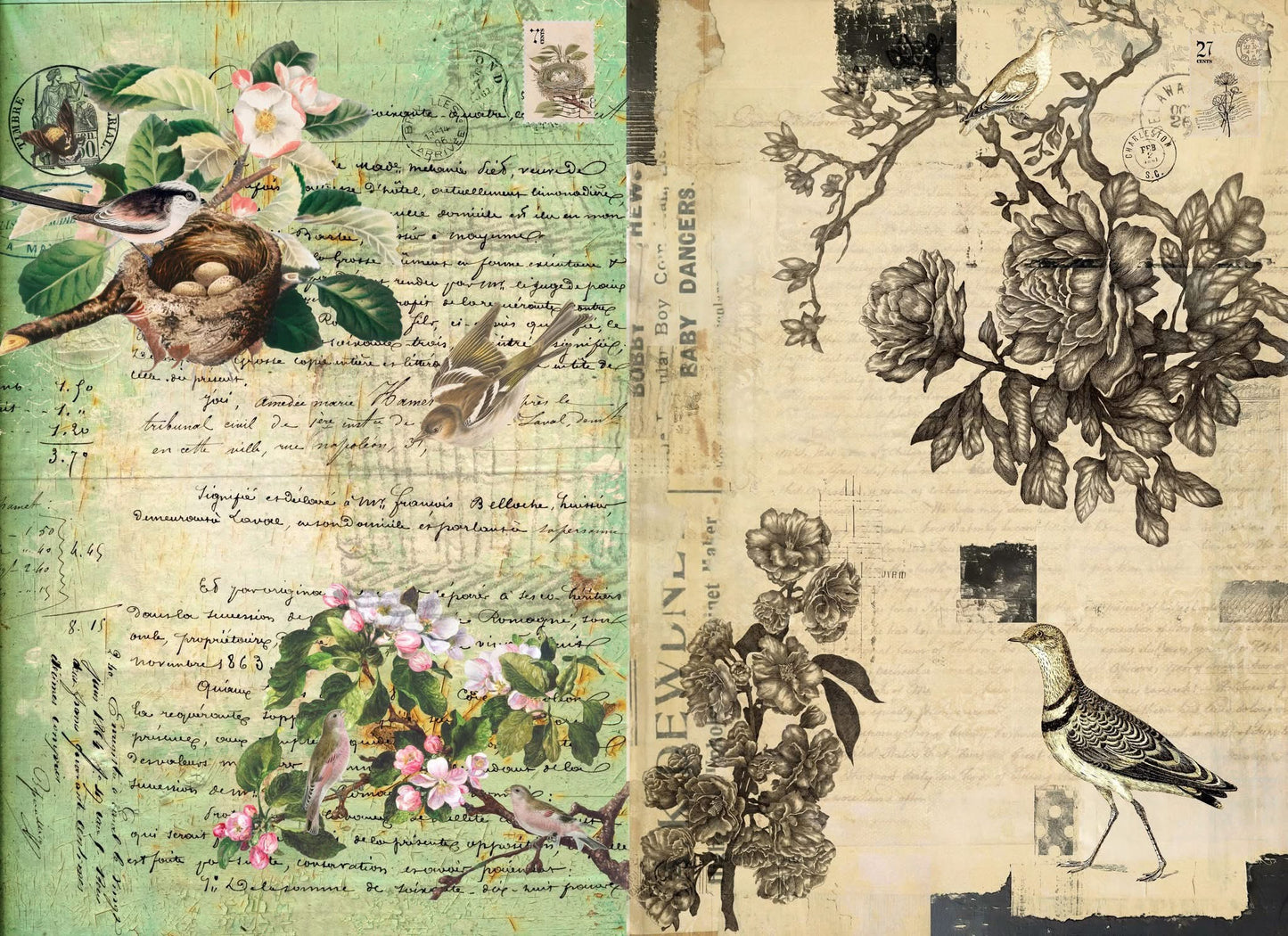 Botanical Blocks - Roycycled Decoupage Paper FREE SHIPPING